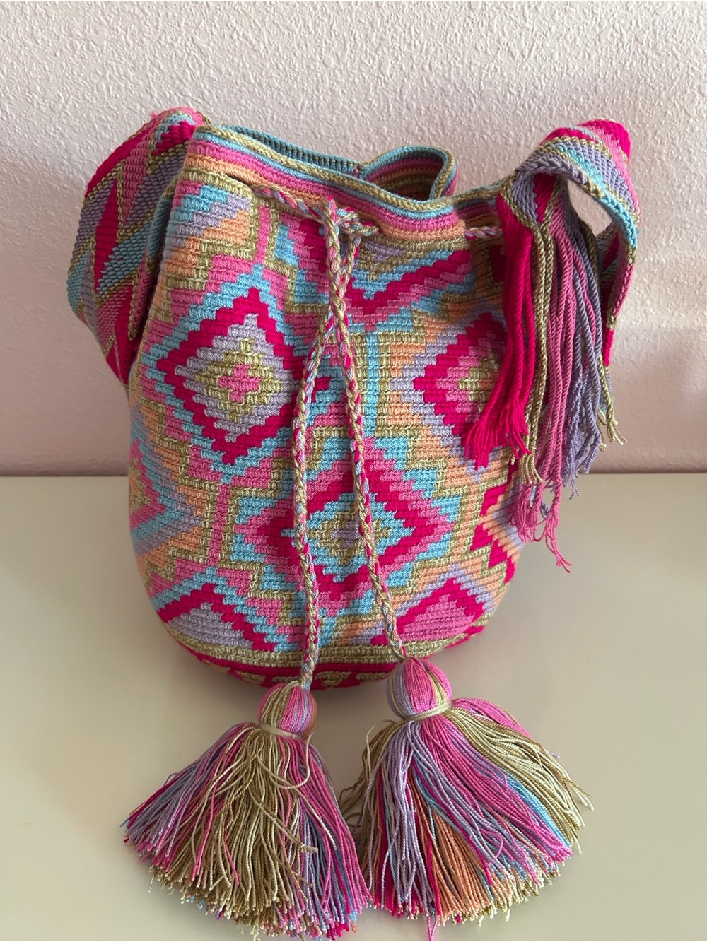 Handwoven Multicolor Drawstring Crossbody Bag - Pink Accent